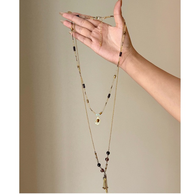 vintage tiger eye stone beaded long necklace＜a3255＞