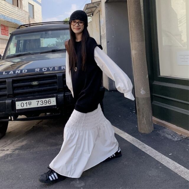 【予約販売】ワンピース レディース 切り替え バイカラー ロングワンピース ブラック 黒 こなれ感 ワンピ 大人可愛い カジュアル おしゃれ 韓国 トレンド フリー