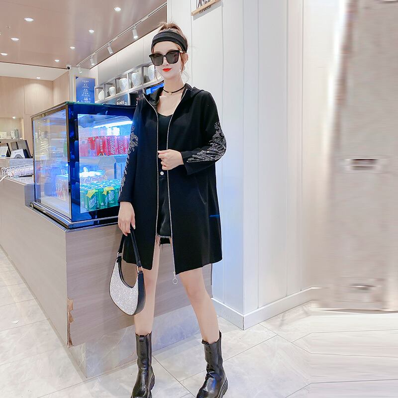 プラスサイズの女性の脂肪mmフード付きジャケットレディースジャケットブライトダイヤモンドセーターミドル丈ファッションファットシスターは薄くてトレンディでした ミックスインファッション8894400260