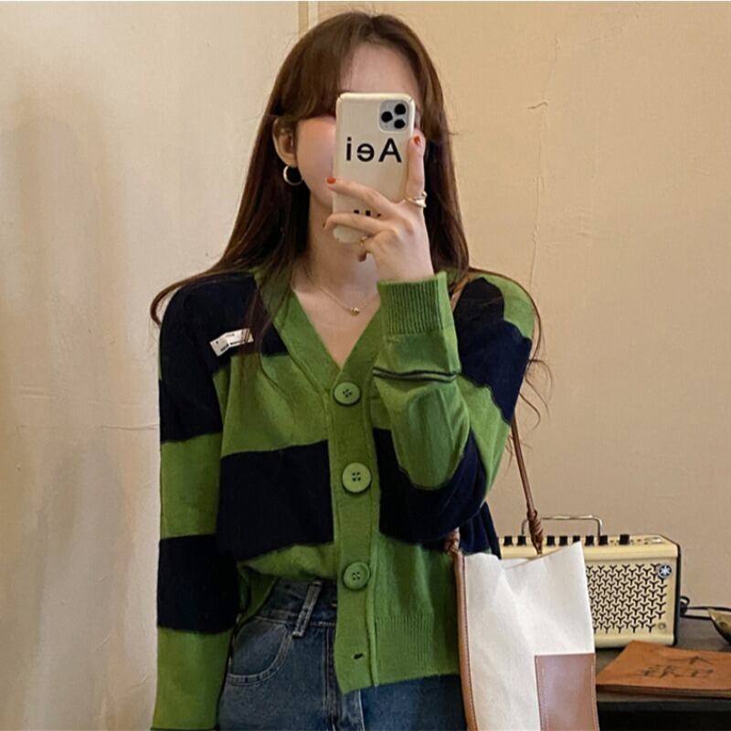 オータムスタイルカーディガンジャケット ルーズストライプセーター トップス レディース ロング 秋物 ハンチェンe94418322097