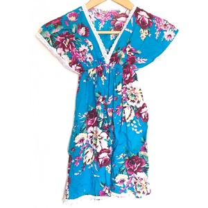 南国風 ポンポン＆レース 花柄 ワンピース  (ブルー)120～130cm【バリ直輸入】