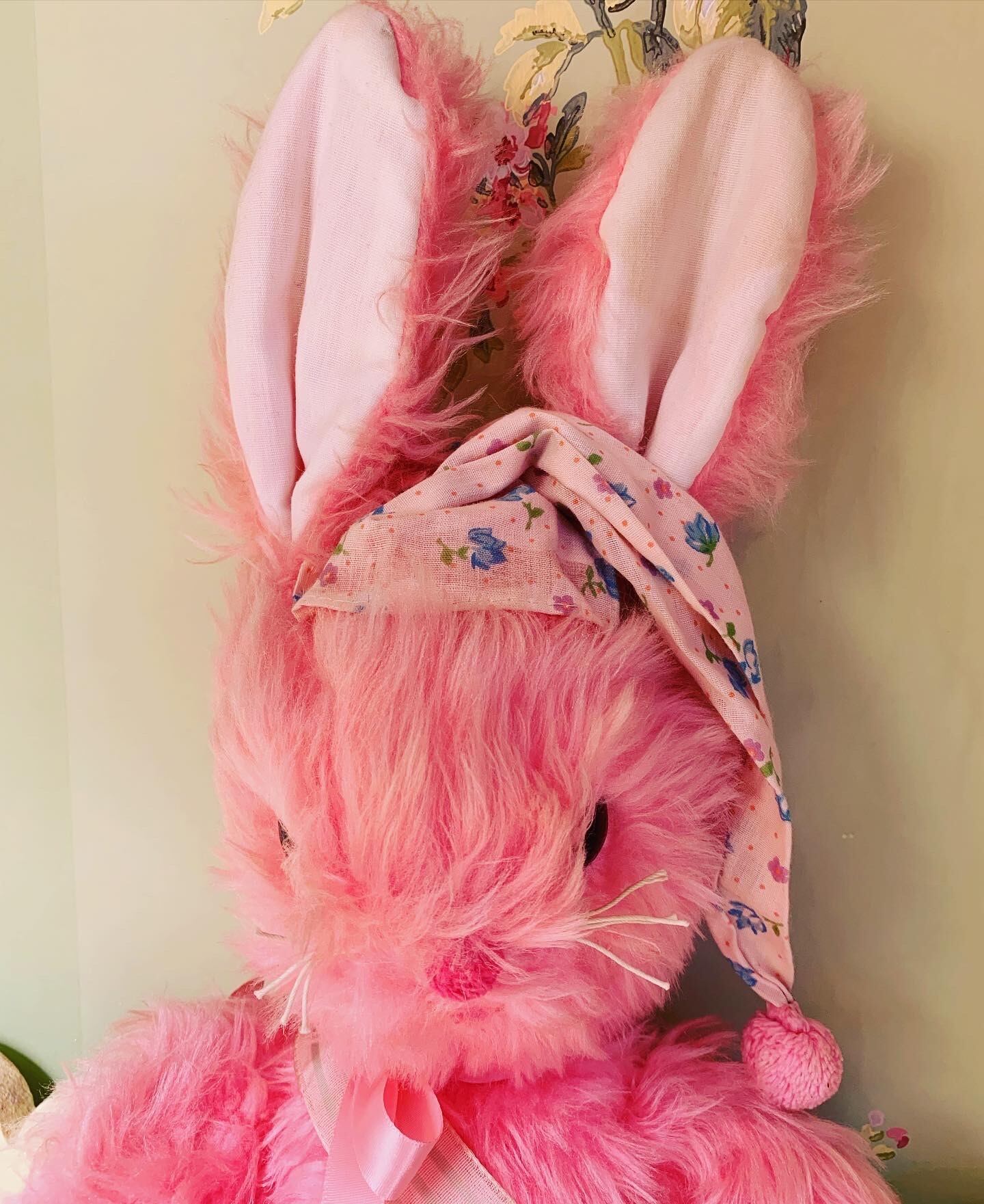 アンティーク ポンポン ウサギのぬいぐるみ ベージュ ピンクリボン