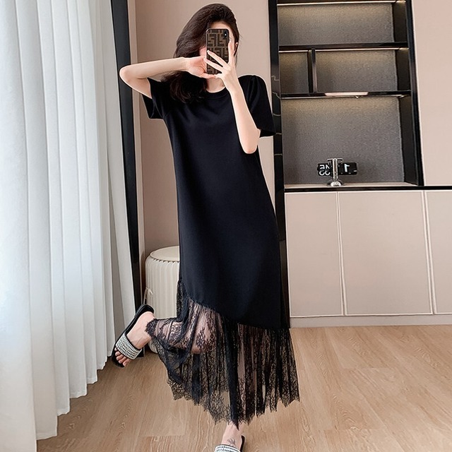 花柄 レース 切り替え 半袖 ロングワンピース レディース ワンピース サマーワンピ Tシャツワンピース ロング アンクル丈 ラウンドネック Aライン アシンメトリー フェミニン プリーツ 透け感 シースルー かわいい 大人可愛い きれいめ シンプル カジュアル 上品 おしゃれ 存在感 フラワー 春 夏 秋 ママ 通勤 学生 学校 通学 デート お出かけ 旅行 公園 女子会 休日 韓国 楽ちん 体型カバー 普段使い 着回し S M L XL 2XL 3XL 4XL 大きいサイズ ゆったり 黒 ブラック