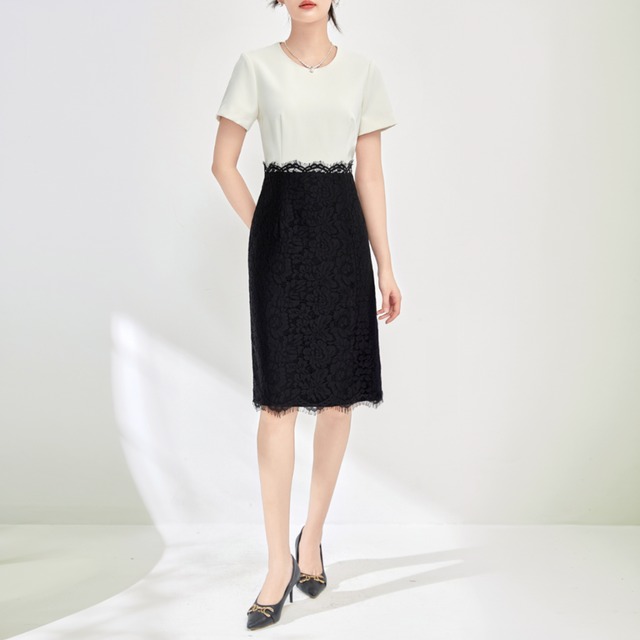 Round neck color-block tight skirt 　00112