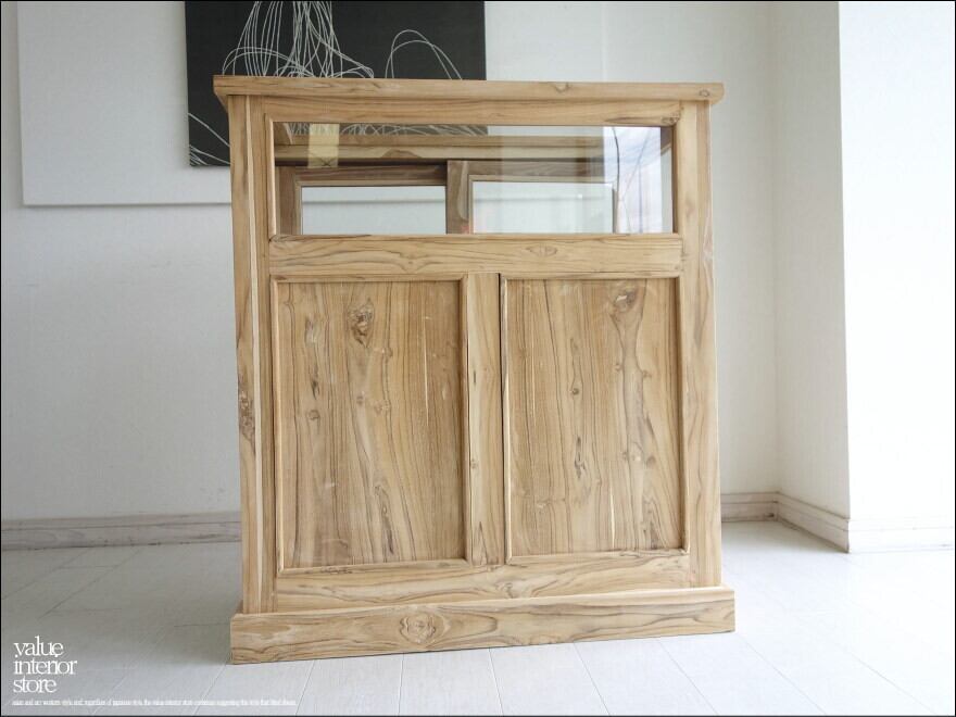 チーク総無垢 ショーケースカウンターNatla90 ガラスケース 飾り棚 店舗什器 レジ台 手作り 無垢材家具