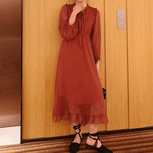 ワンピース シフォン ミモレ丈 長袖 バルーンスリーブ 透け感 無地 ベイクドカラー ハイウエスト ゆったり かわいい 森ガール ガーリー 秋 春夏 レディース　BADA0190