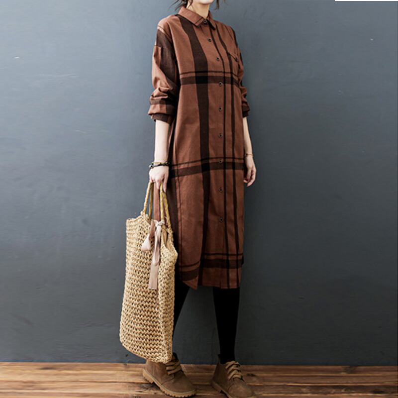 初回送料無料大きいサイズゆったりサイズ棉麻チェック柄ワンピースレディースファション