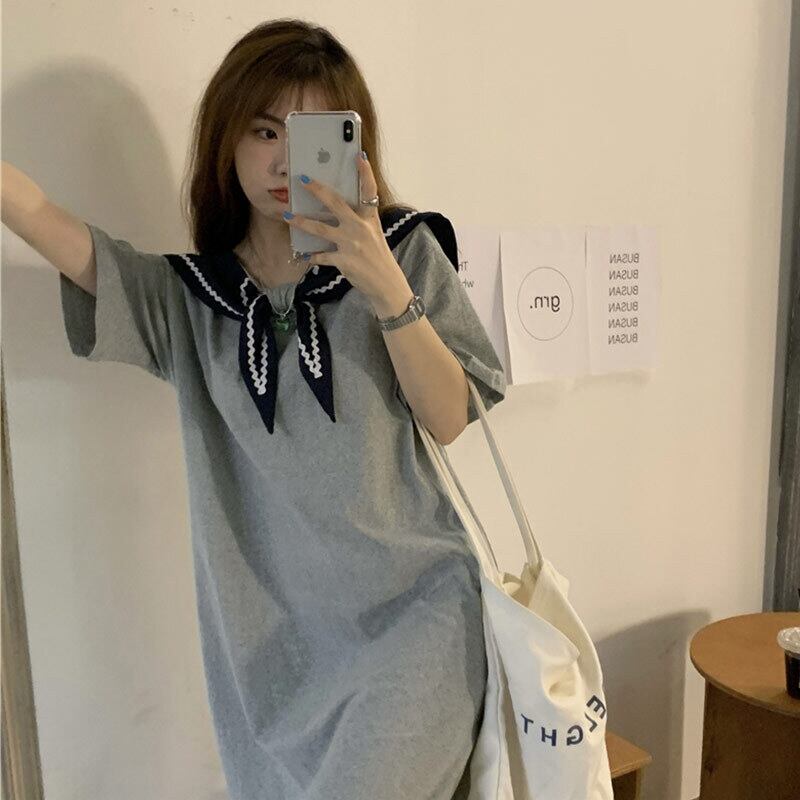 Tシャツ ドレス サマーラウンドネックネイビールーズスカート 夏物 Oネック 萌量不足43380375631