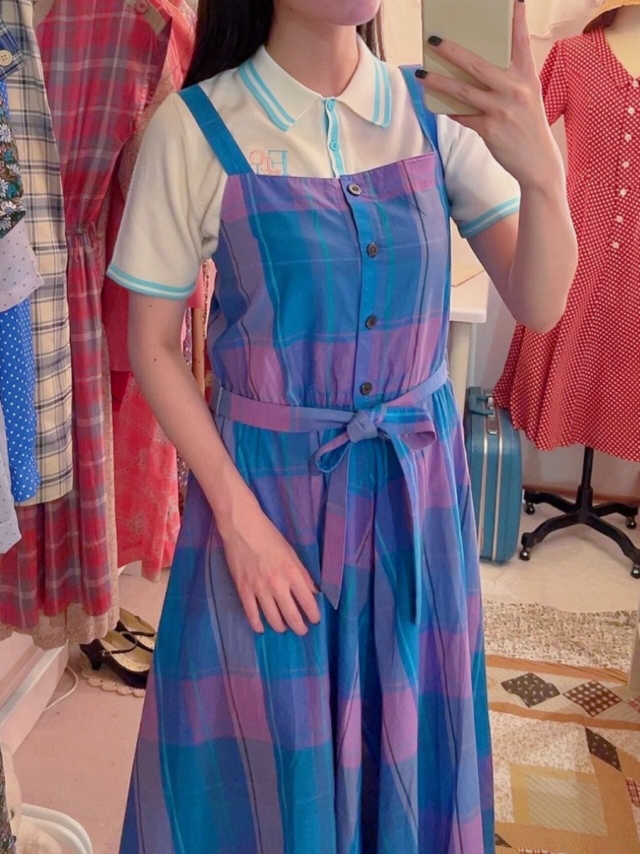 blue pink check ensemble one-piece