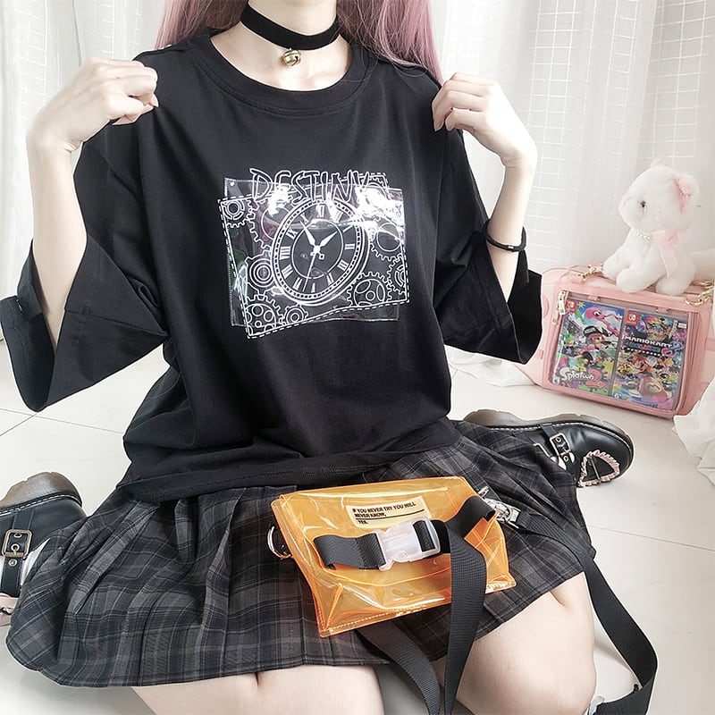 Tシャツ オフショル DESTINY 時計 プリント モノトーン ガーリー 甘め