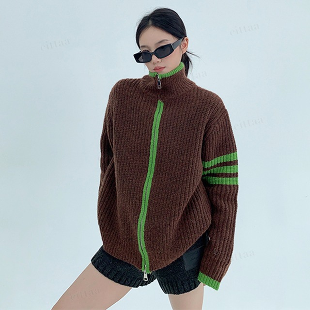 ★予約★D-687　2025秋冬新作♡配色ラインハイネックダブルジップニットパーカー　ブラウン
