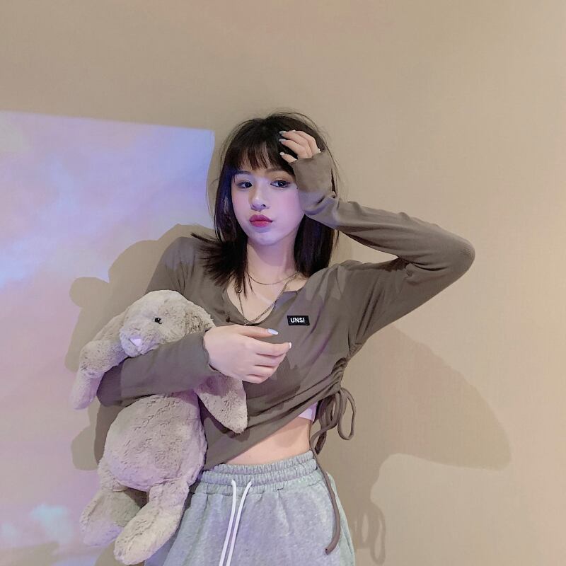 Vネックドローストリングショートタイトフィット長袖ボトミングシャツトップレディース2020秋ニューイントレンディブラックTシャツ ブラックストロベリース52997657695