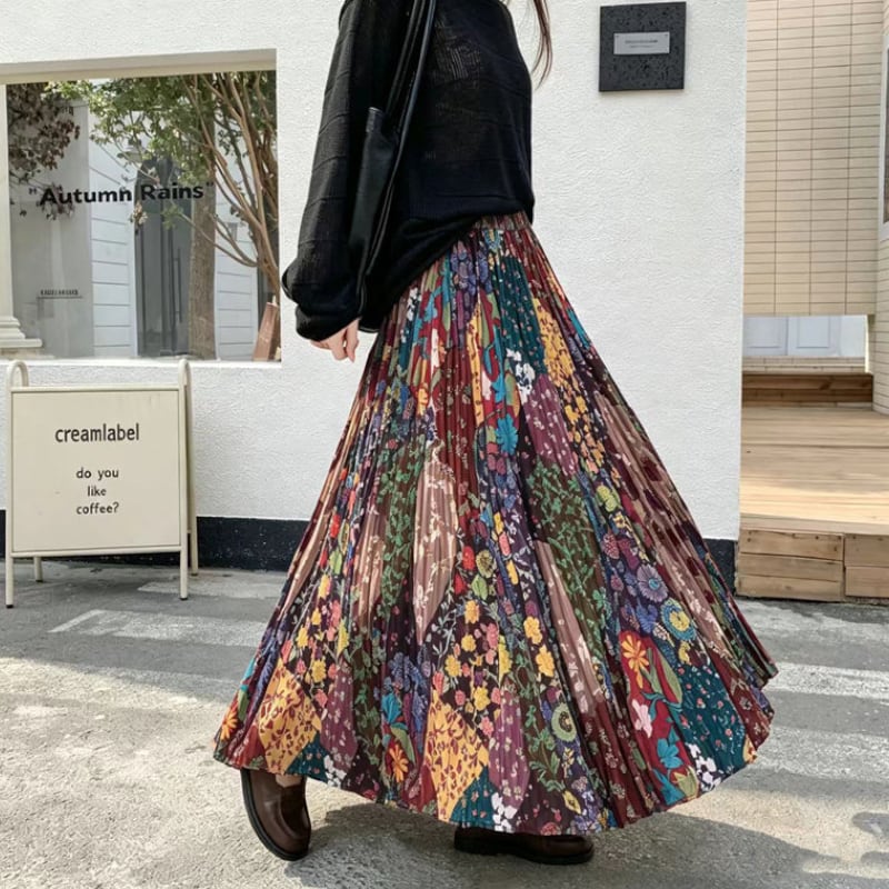 Patchwork Floral Pleated Maxi Skirt S0343