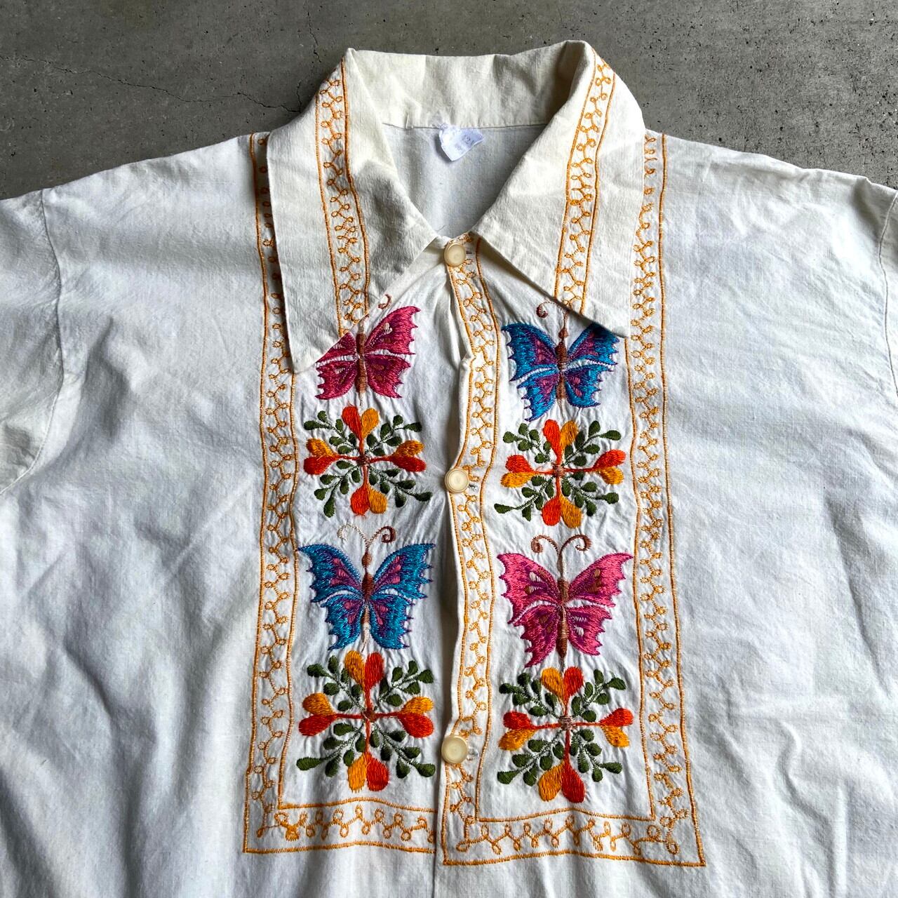 70年代 刺繍 コットン 長袖 メキシカンシャツ メンズL相当 古着 70s ヴィンテージ ビンテージ オフホワイト 生成り 開襟  オープンカラー【長袖シャツ】 | cave 古着屋【公式】古着通販サイト