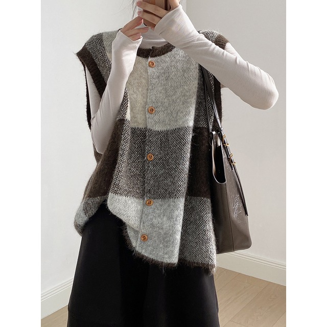 Block check knit vest〈2colors〉