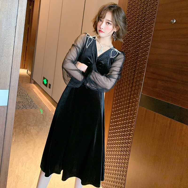 Vネックメッシュウェストベルベットドレス オータムウィンター リボン 秋物 冬物 ステッチ MIUCO99438818190