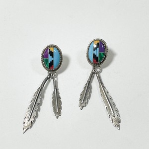 Vintage Southwestern First American Traders Sterling Multi Stone Inlay Feather Pirced Earrings