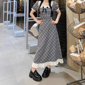レディース スカート ワンピース オールインワン ロングスカート ロング アンクル丈 半袖 パフスリーブ スクエアネック セミフレア スリム 細身 Aライン 切り替え フェミニン レース フリル リボン スリット ファスナー ハイウエスト ヴィンテージ かわいい 大人可愛い 上品 おしゃれ レトロ ガーリー クラシカル チェック 春 夏 発表会 デート お出かけ レストラン ショッピング カフェ 韓国 コーデ 脚長 普段使い 清楚 M L XL 2XL 3XL 4XL 大きいサイズ 黒 ブラック モノクロ