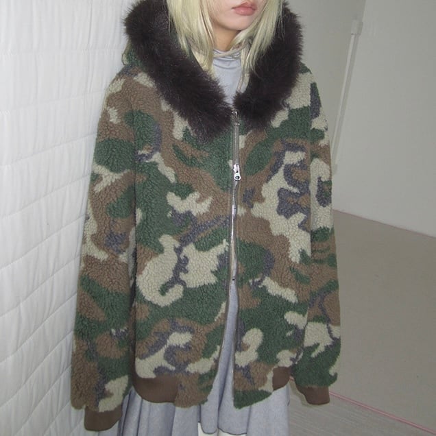 カモフラージュ柄 フードファー付き ボアジャケット_LN03713