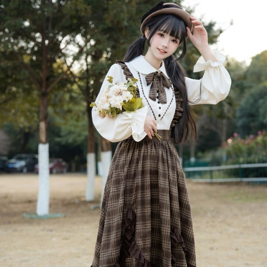 クラロリチェックリボン付きブラウス 森ガール 控えめ ガーリー