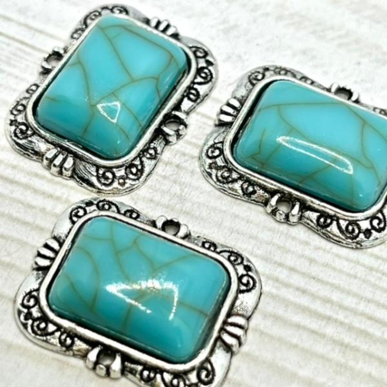 スクエアターコイズ両カンデザインチャーム/Wカン/アンティーク