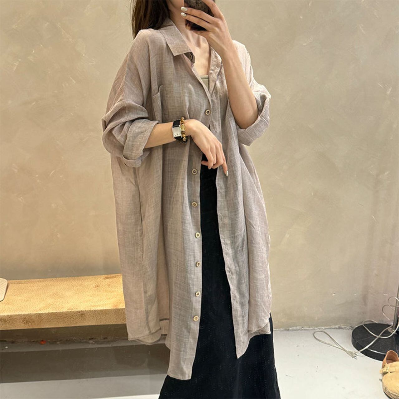 ゆったりロングシャツ風 羽織りトップス Ln00283