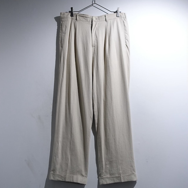 "Alan Flusser" Beige Linen & Rayon Two-Tuck Wide Slacks