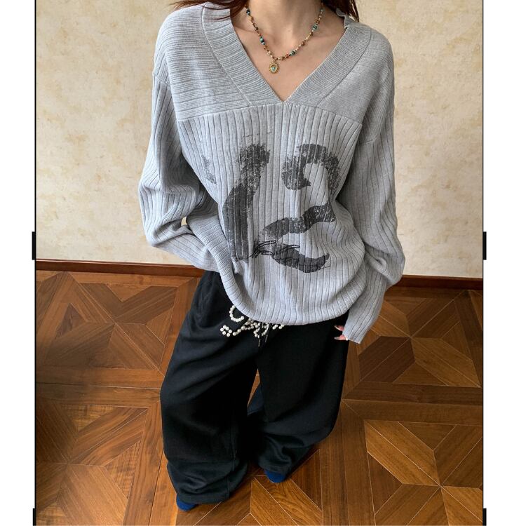 長袖 Vネック ヒップ グラフィック ニット ◆2col L00045