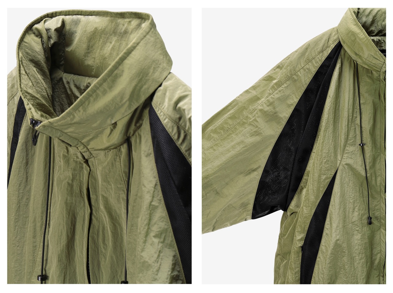 SQUD 収納式フード付きメタリックナイロン ミリタリーウィンドブレーカー