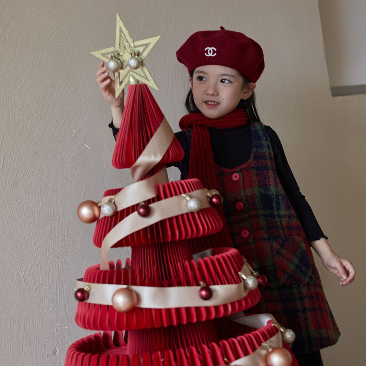 クリスマスレトロチェック柄ベストワンピース