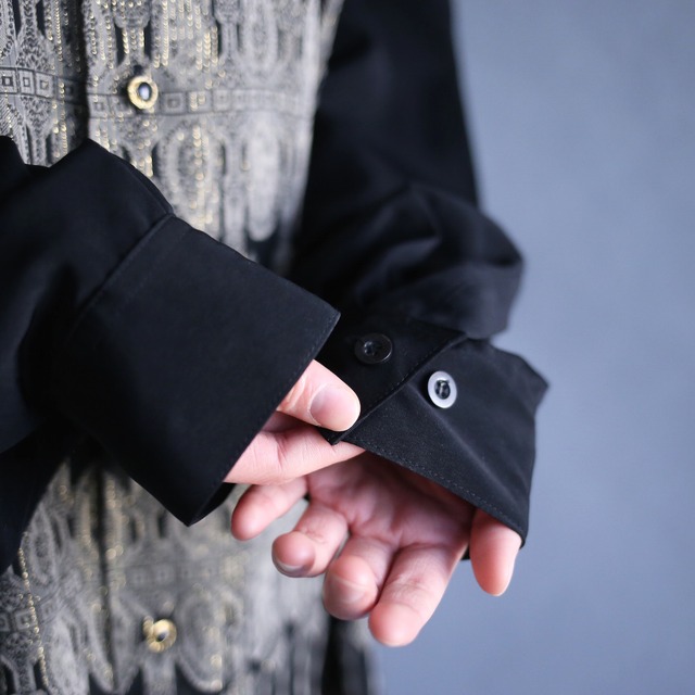 "刺繍" sheer fabric switching design loose band collar black shirt