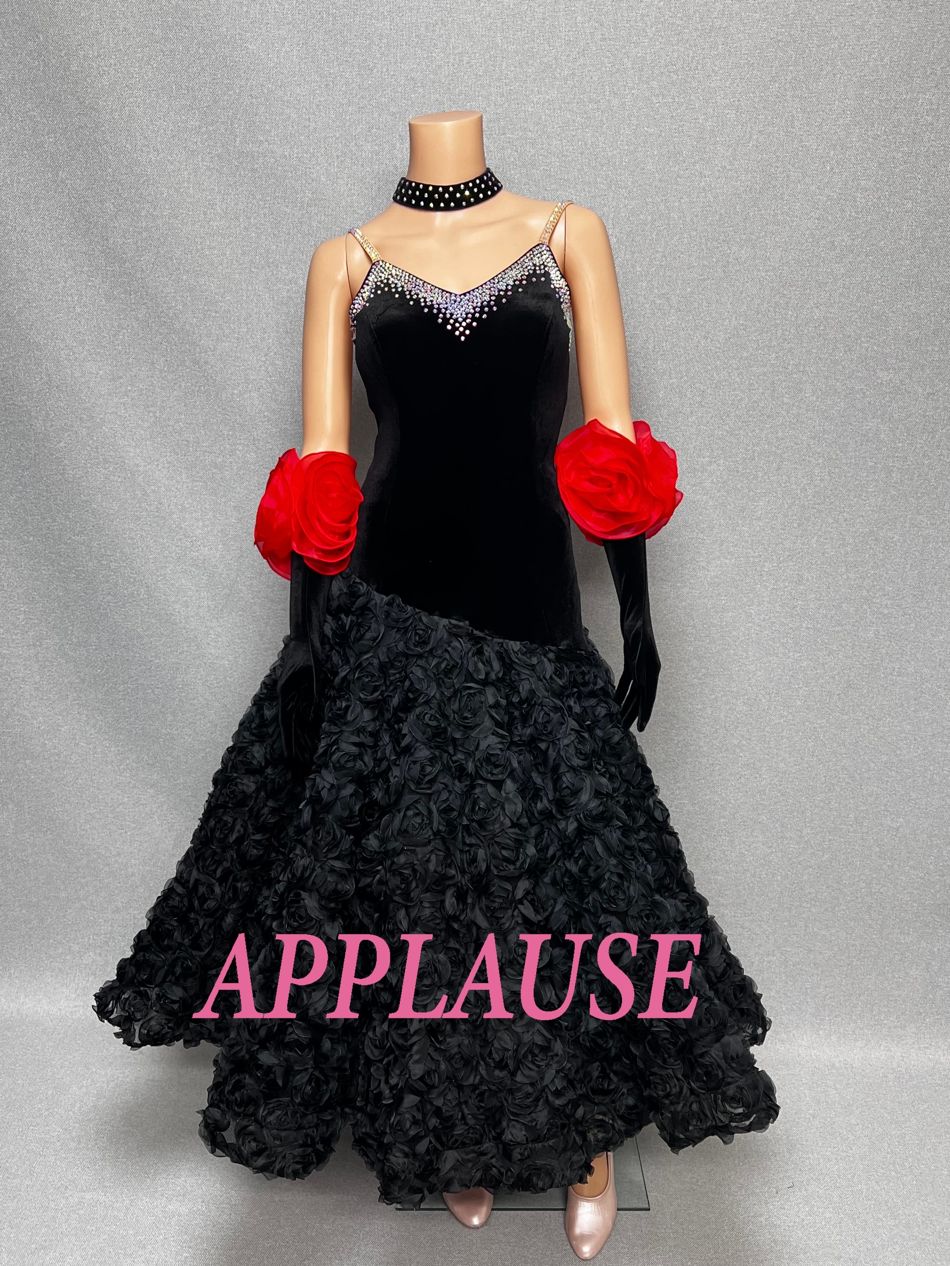 【新着】社交ダンス ドレス　スタンダード　モダンドレス　ブラック（ベルベット、赤グローブ）　 M　ST-25-32　デモ・競技用ドレス　発表会衣装　パーティドレス　ワンピース　舞台衣装