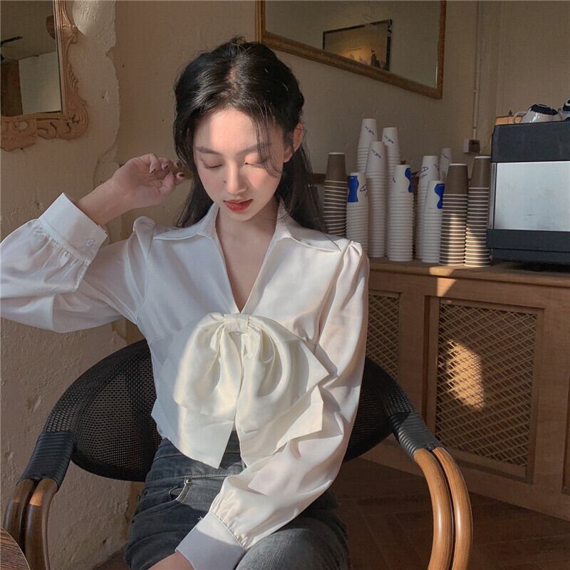 ホワイトリボンシャツ オータムウィンタースリーブショート長袖トップス ロング 秋物 冬物 ブラックストロベリース25756391263