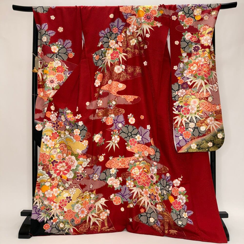 振袖 中古 赤 正絹 古典 裄72.7cm 身丈176cm 美品 2L サイズ 成人式 6752