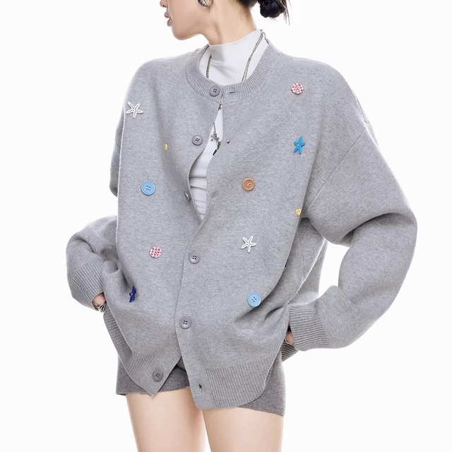 Knit Cardigan with Starfish Buttons, Relaxed Cozy Sweater (ME266)