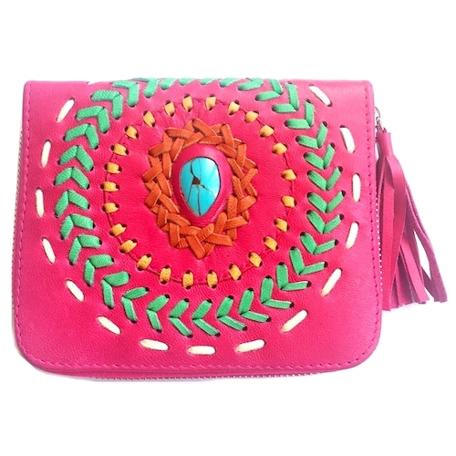 ボヘミアン レザー タッセル付 ウォレット(ピンク×サークルMIX刺繍ターコイズ) 本革 財布 二つ折り財布 【バリ島直輸入】