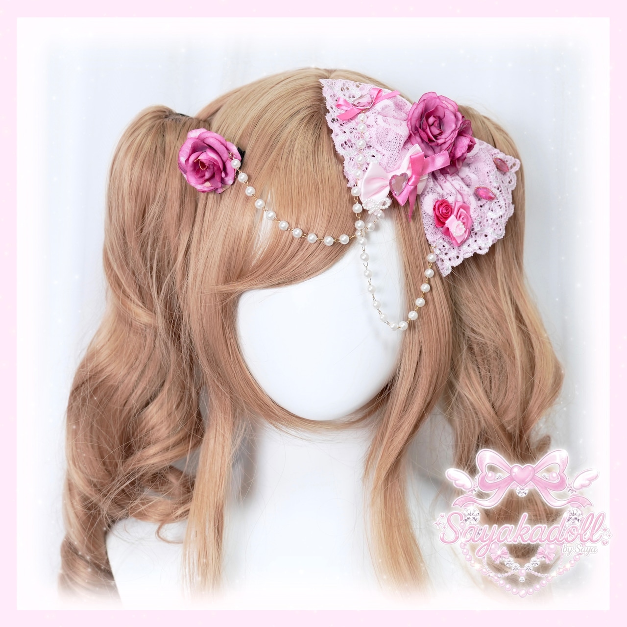 ♡【全2色】姫GAL ピンクローズ&パールチェーン レースリボンダブルヘアクリップ vivid pink ♡