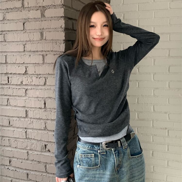 韓国 レディース ストリート Tシャツ デザインセンスステッチ長袖Tシャツ K15 | 韓国レディース