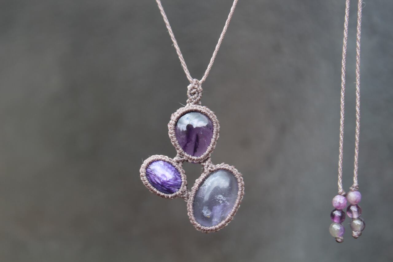 Fluorite & Charoite & Amethyst micro macrame pendant