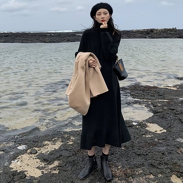 ワンピース レディース 春 夏 春夏 黒 ニットワンピース ロングニット 