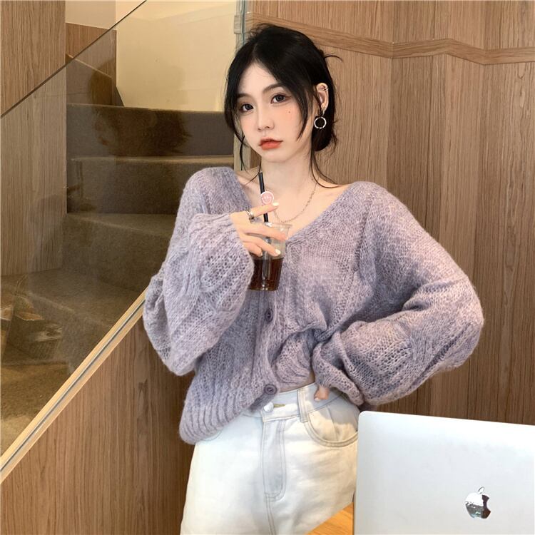 セーター コート スプリングオータム薄手スタイルVネックニットカーディガン 春物 秋物 パープル YY-ファッション46766703647
