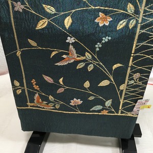 袋帯（ラメ入青緑地枝に花）