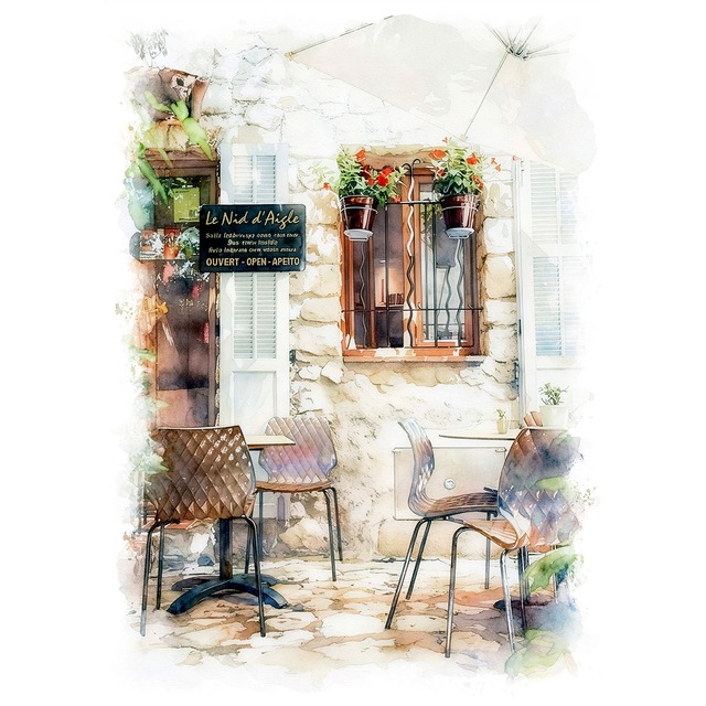 絵画 風景画(街並み) フランス南部 エズ村のレストラン インテリアアート額付き 水彩画・油絵風 WAT0919