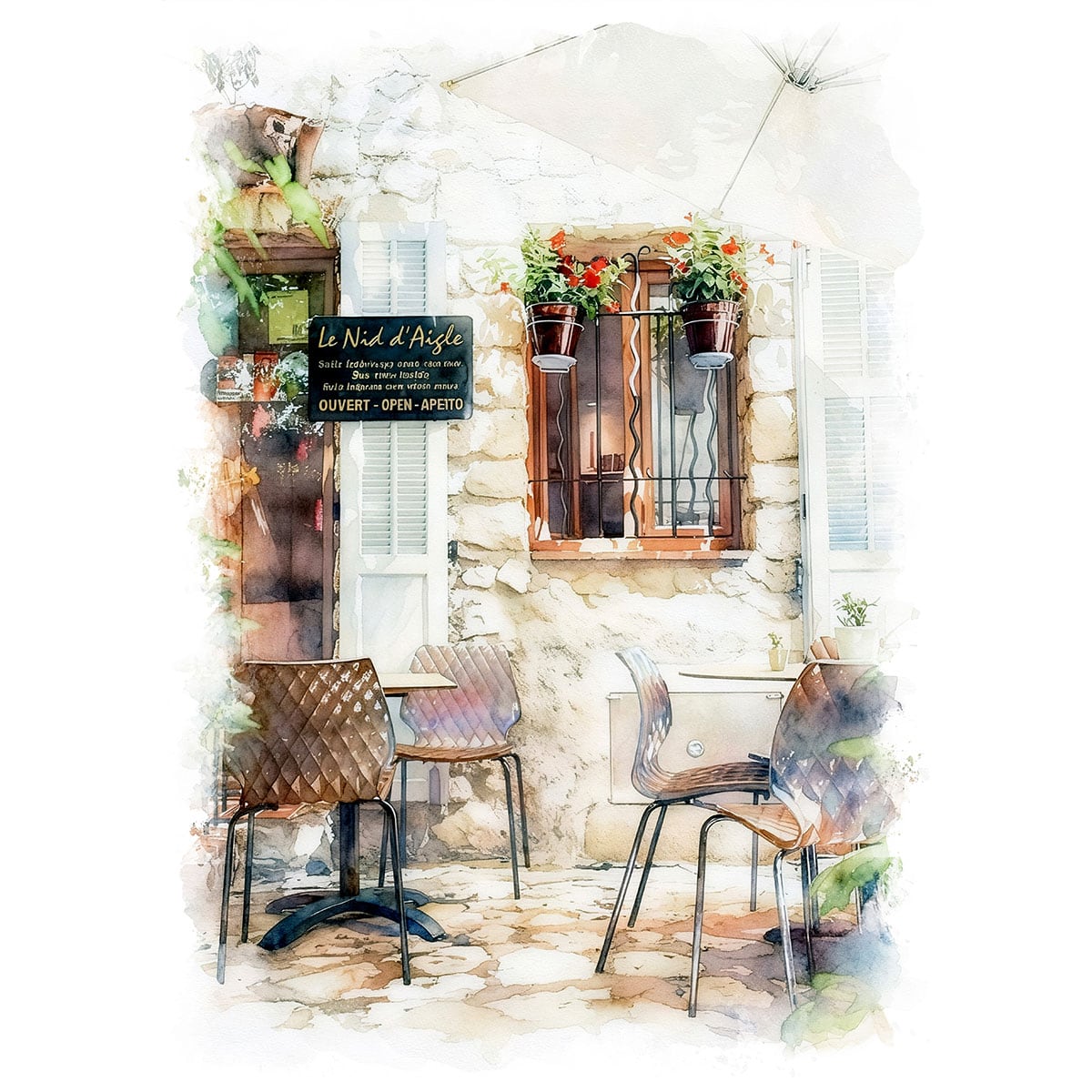 絵画 風景画(街並み) フランス南部 エズ村のレストラン インテリアアート額付き 水彩画・油絵風 WAT0919