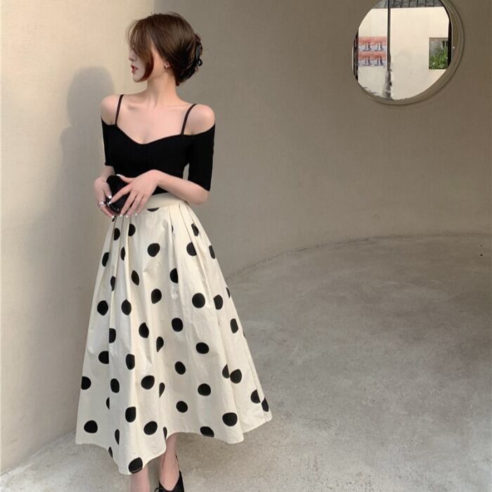 スプリングサマースタンダードハイウェスト薄手水玉スカート ブラックシャツ レトロ 春物 夏物 ドラファッションホール58694687755
