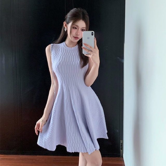 3colors ワンピース ノースリーブ ニット Aライン ベージュ ブラック ライトパープル