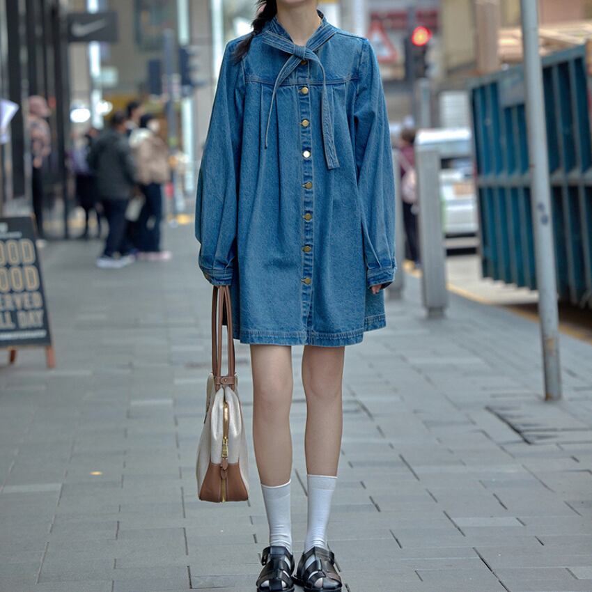 denim ribbon one-piece J00135