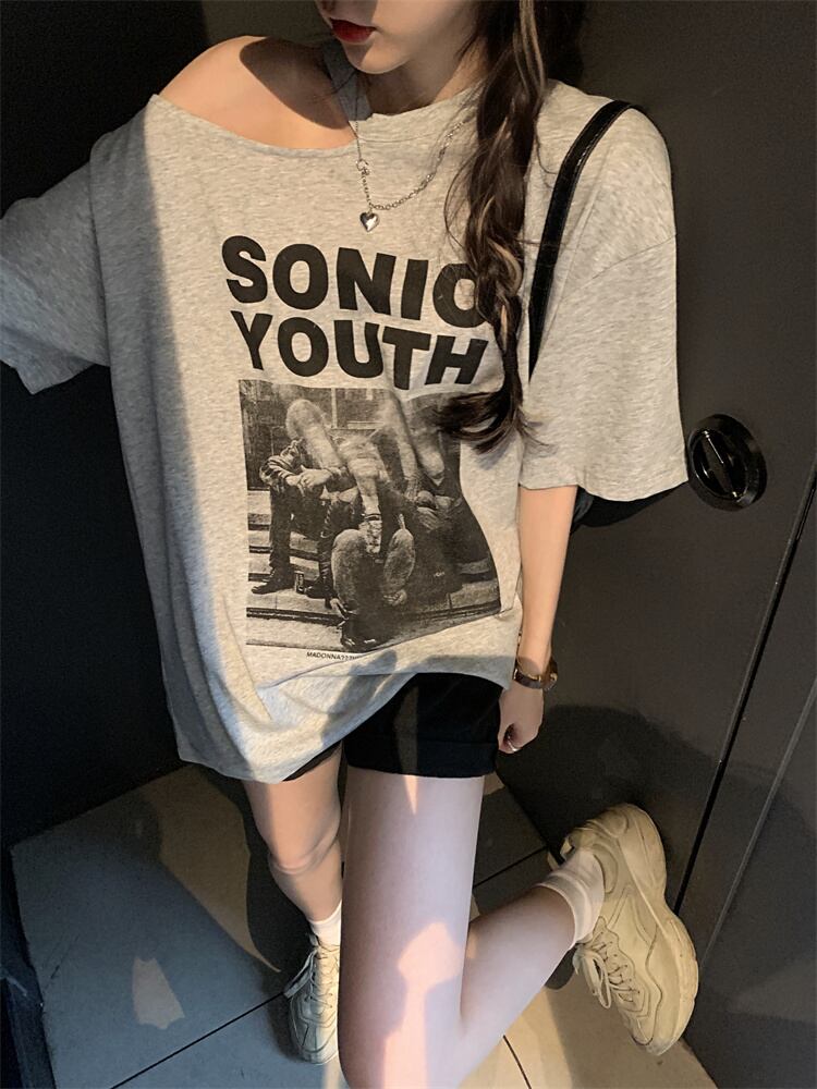 スタイルスタンダードルーズTシャツ サマーカジュアルプリントトップス レトロ かわいい 夏物 モンロー89986281239