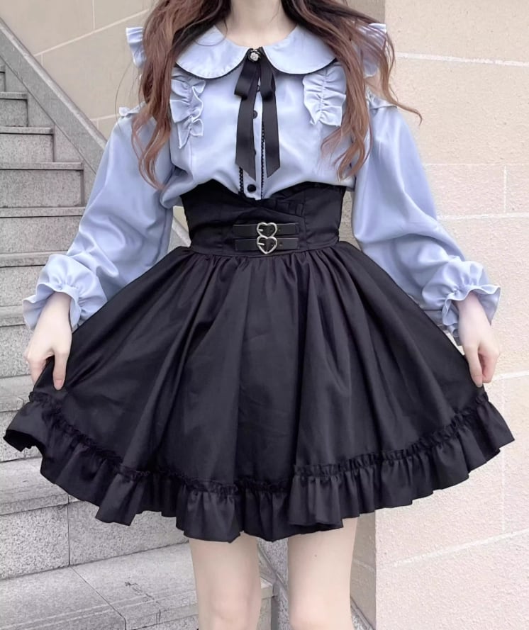 たくし上げリボン付きショルダースカート＆ブラウスのセットです❣ 2点セット】フリルオープンショルダーリボンブラウス＋ハイウエスト