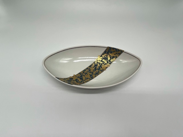 【九谷焼 大志窯】青粒鳥唐草文8寸舟形鉢